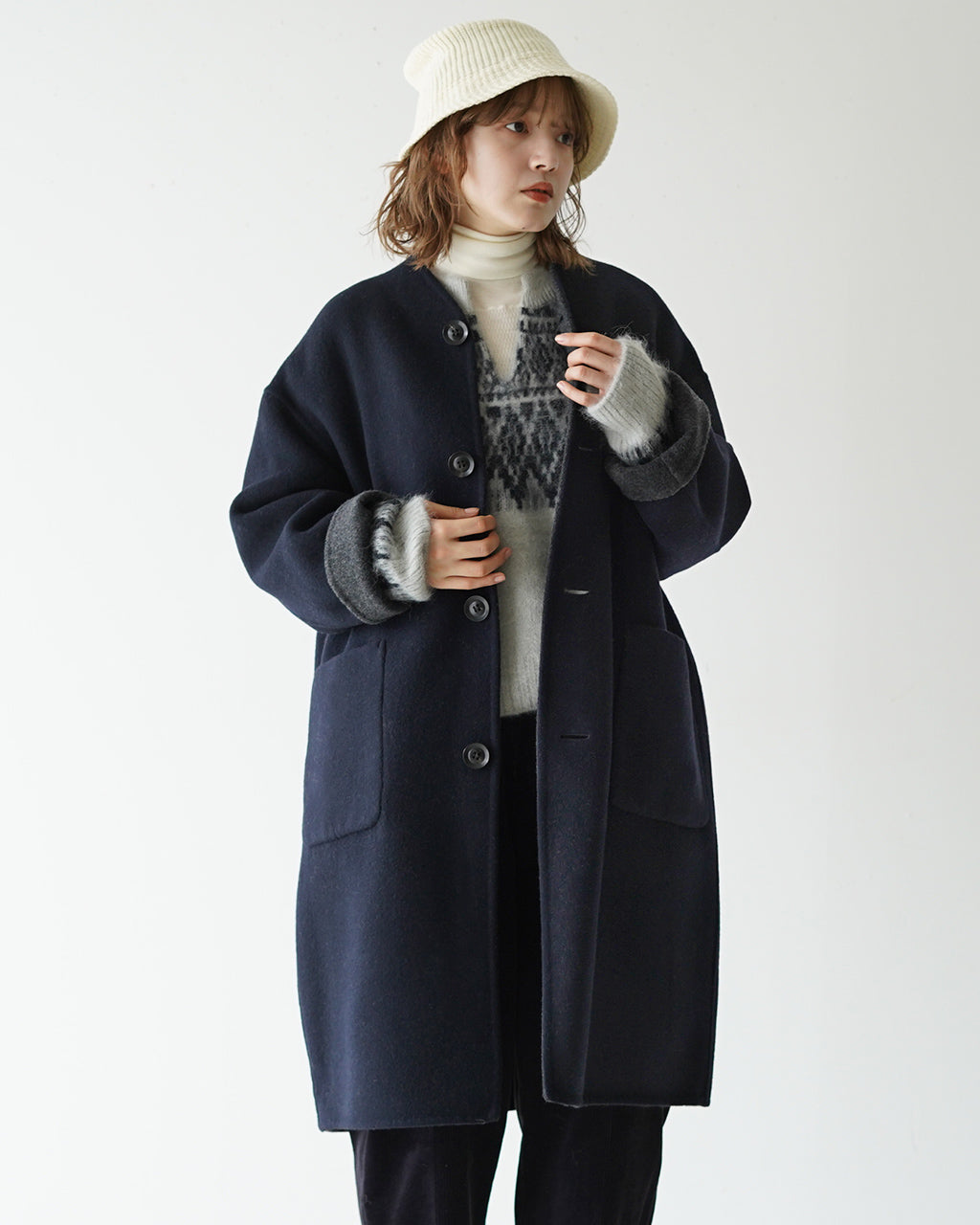 le glazik ル グラジック リバーシブル カラーレス コート REVERSIBLE COLLARLESS COAT ウール リバーコ