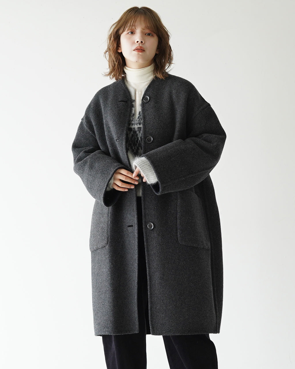 【SALE！30%OFF】le glazik ル グラジック リバーシブル カラーレス コート REVERSIBLE COLLARLESS COAT ウール リバーコート JL-8982MFW1006 【送料無料】