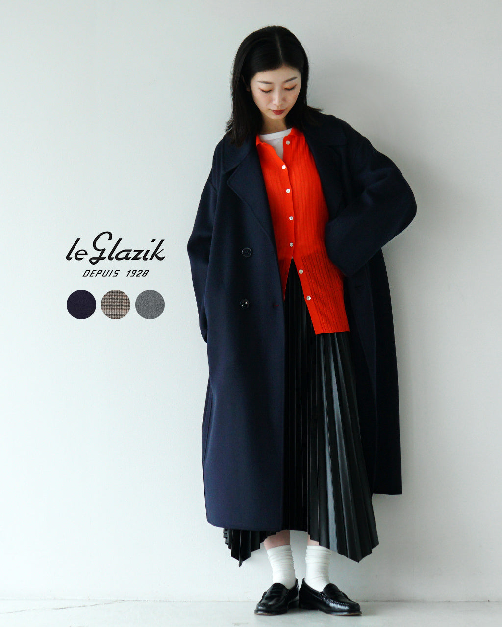 【SALE！20%OFF】le glazik ル グラジック ダブルブレストコート REVER DOUBLE BREASTED COAT テーラードカラー ドロップショルダー ウール ロングコート チェック LG-A0451 LWW【送料無料】