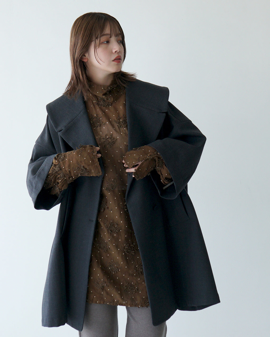 manon マノン ショールカラー ダブルコート SHAWL COLLAR DOUBLE COAT 8分袖 ミドル丈 MNN-CT-044【送料無料】