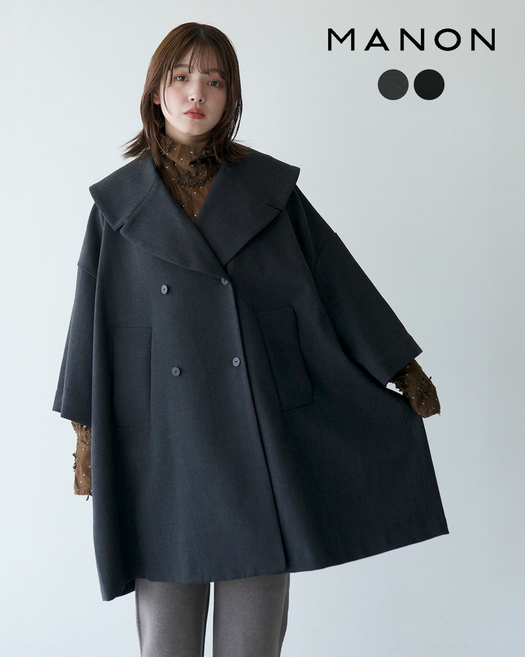 【SALE！30%OFF】manon マノン ショールカラー ダブルコート SHAWL COLLAR DOUBLE COAT 8分袖 ミドル丈 MNN-CT-044【送料無料】