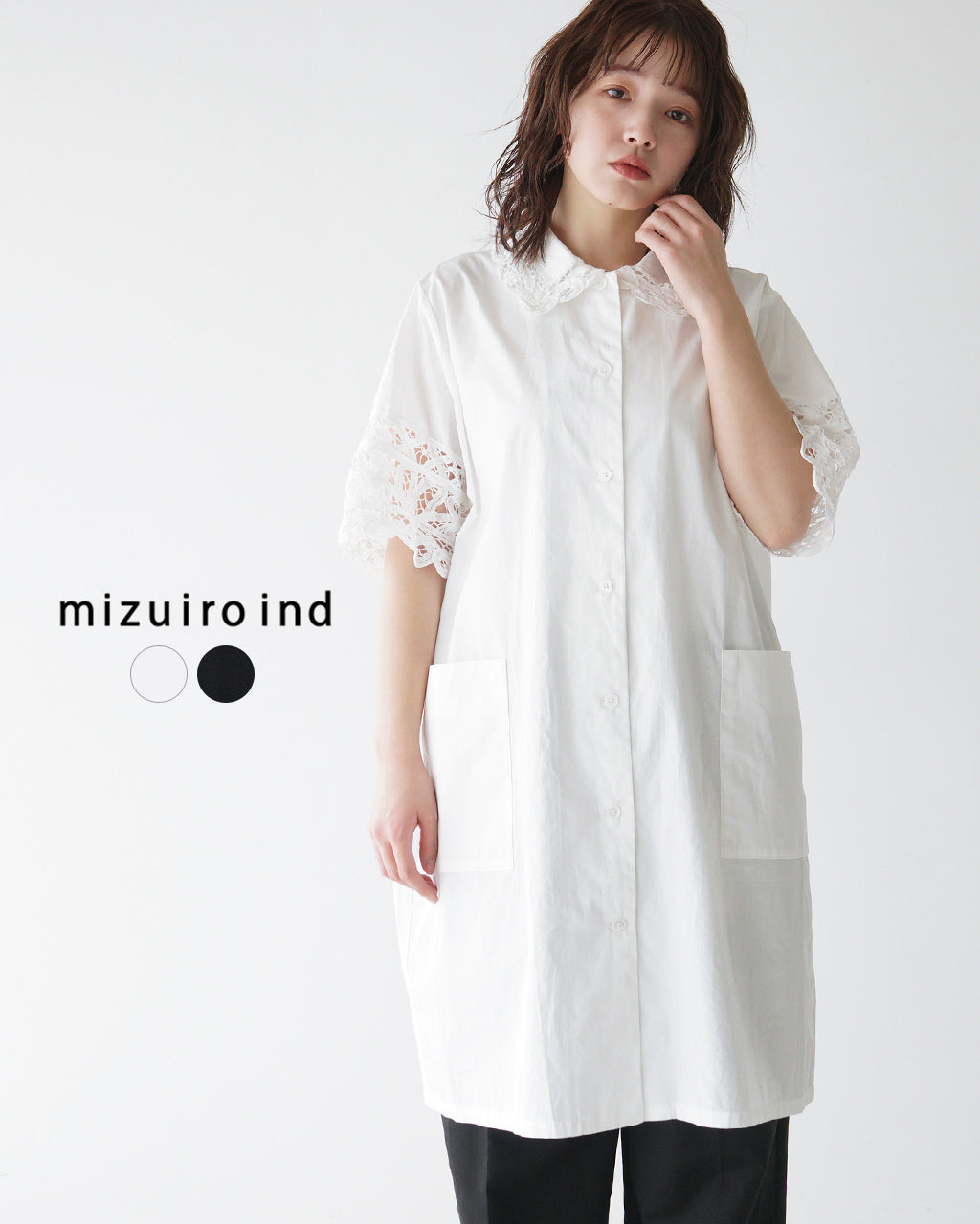 mizuiro ind ミズイロインド バテンレース ワイドシャツ ワンピース BATTEN LACE WIDE SHIRT OP 半袖 1-250051【送料無料】