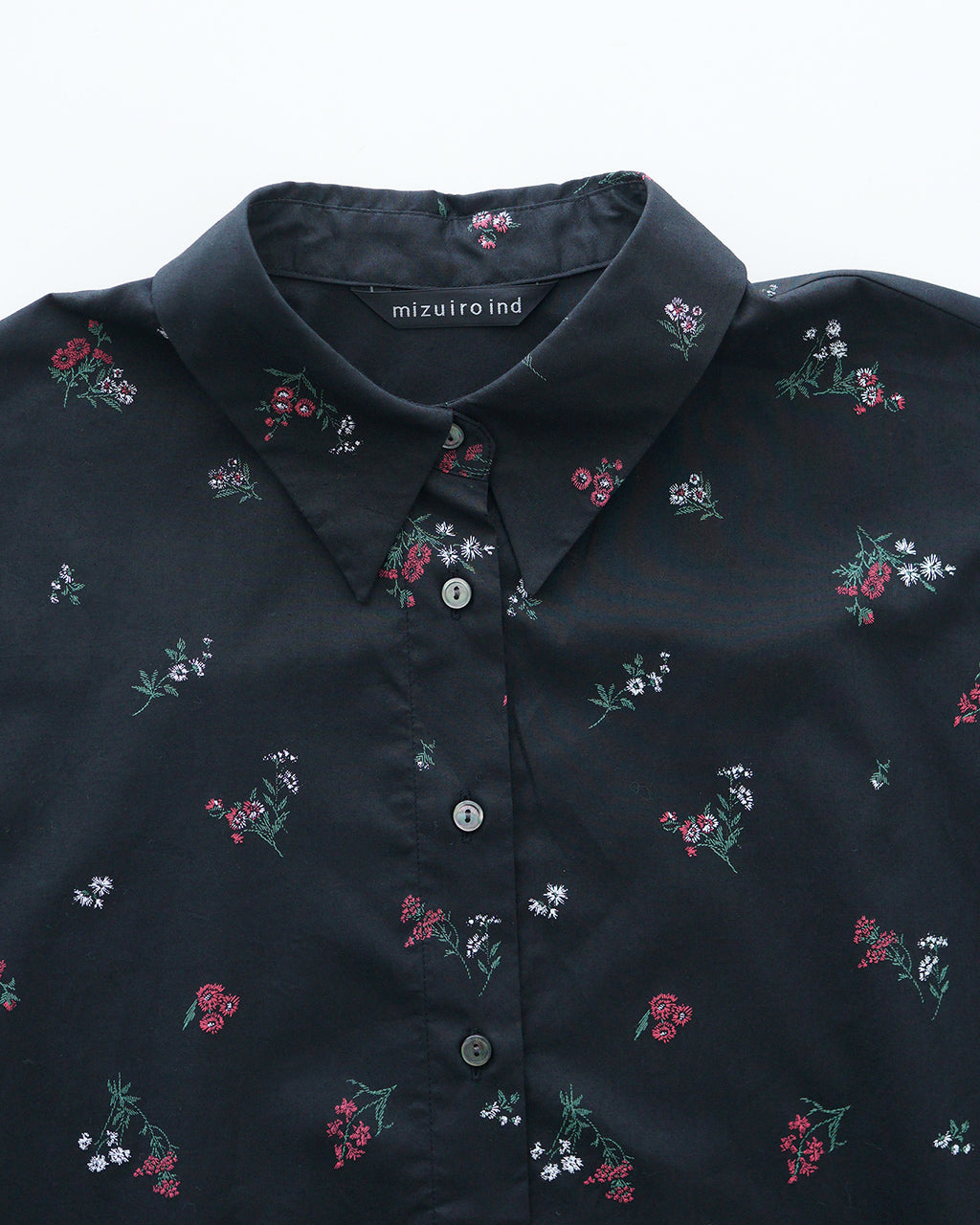 mizuiro ind ミズイロインド シャツワンピース 小花柄 発泡プリント SMALL FLOWER PRINT SHIRT OP クエーカーカラー七分袖 1-250054【送料無料】