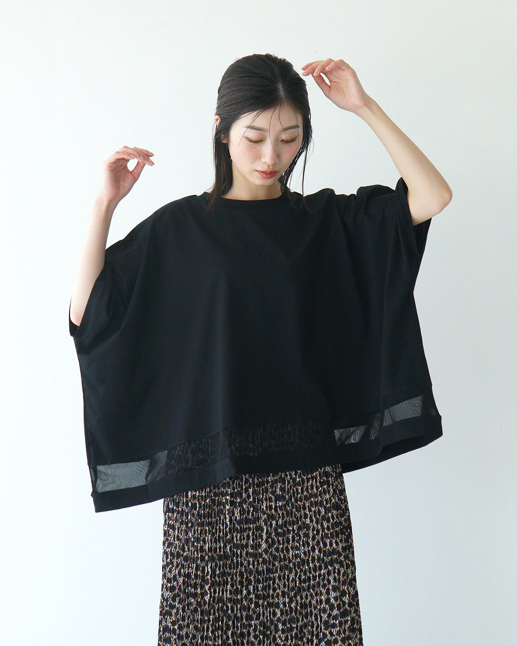 mizuiro ind ミズイロインド メッシュTシャツ mesh mix wide P/O メッシュミックスワイドプルオーバー 半袖 カットソー ドロップショルダー コットン  日本製 2-210096