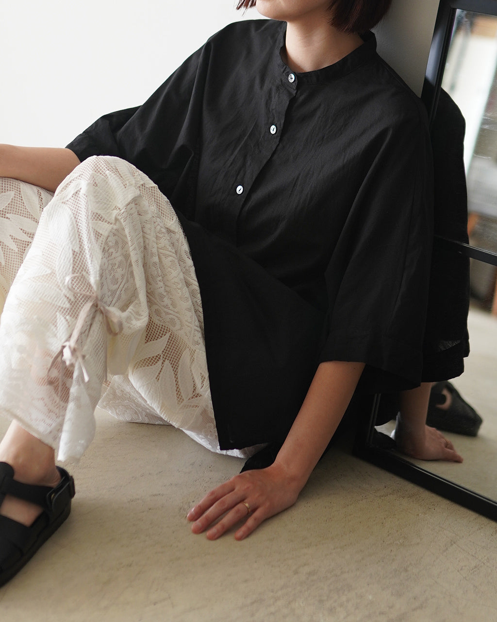 COTTON LINEN STAND COLLAR WIDE SHIRT 2-230149