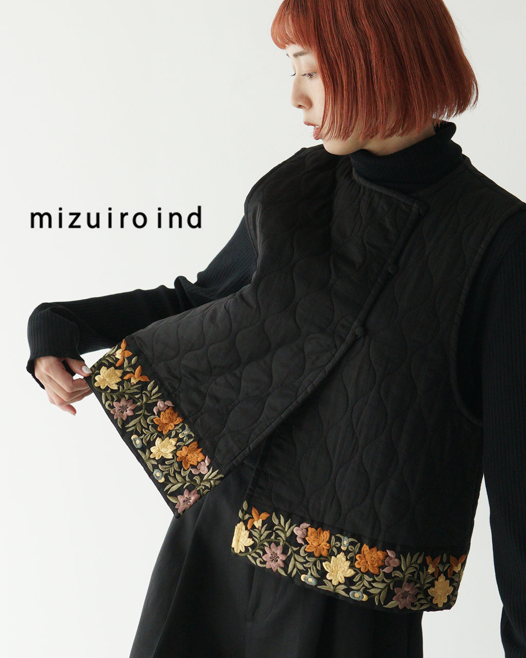 mizuiro ind ミズイロインド キルティングベスト アウター 花柄 刺繍 quilting embroidary tape vest 3-230055【送料無料】