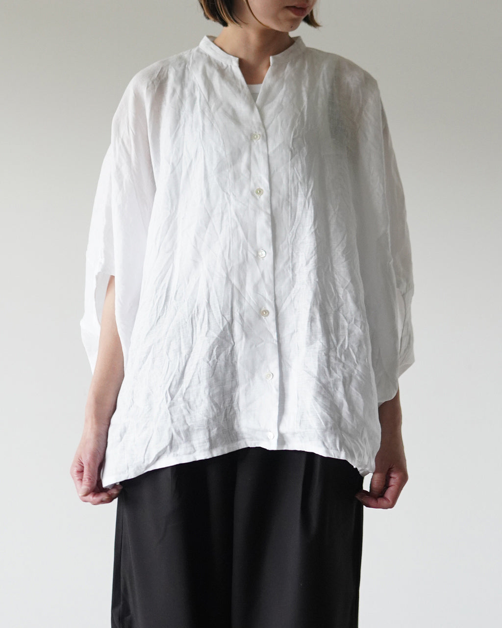 mizuiro ind ミズイロインド linen stand collar cocoon リネンスタンドカラーコクーンシャツ | Crouka(クローカ)