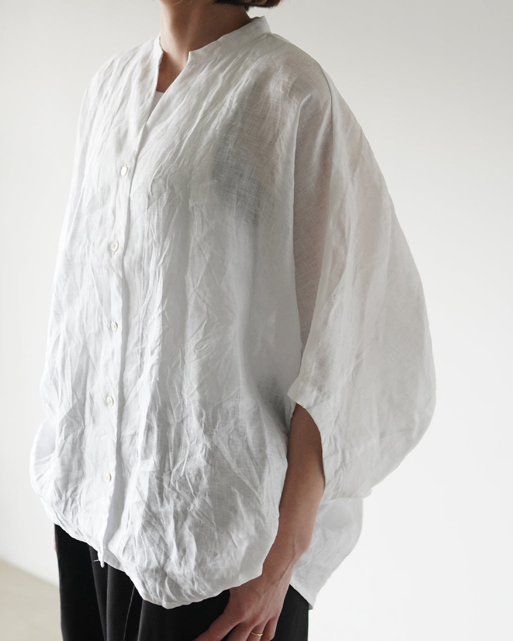 mizuiro ind ミズイロインド linen stand collar cocoon リネンスタンドカラーコクーンシャツ | Crouka(クローカ)