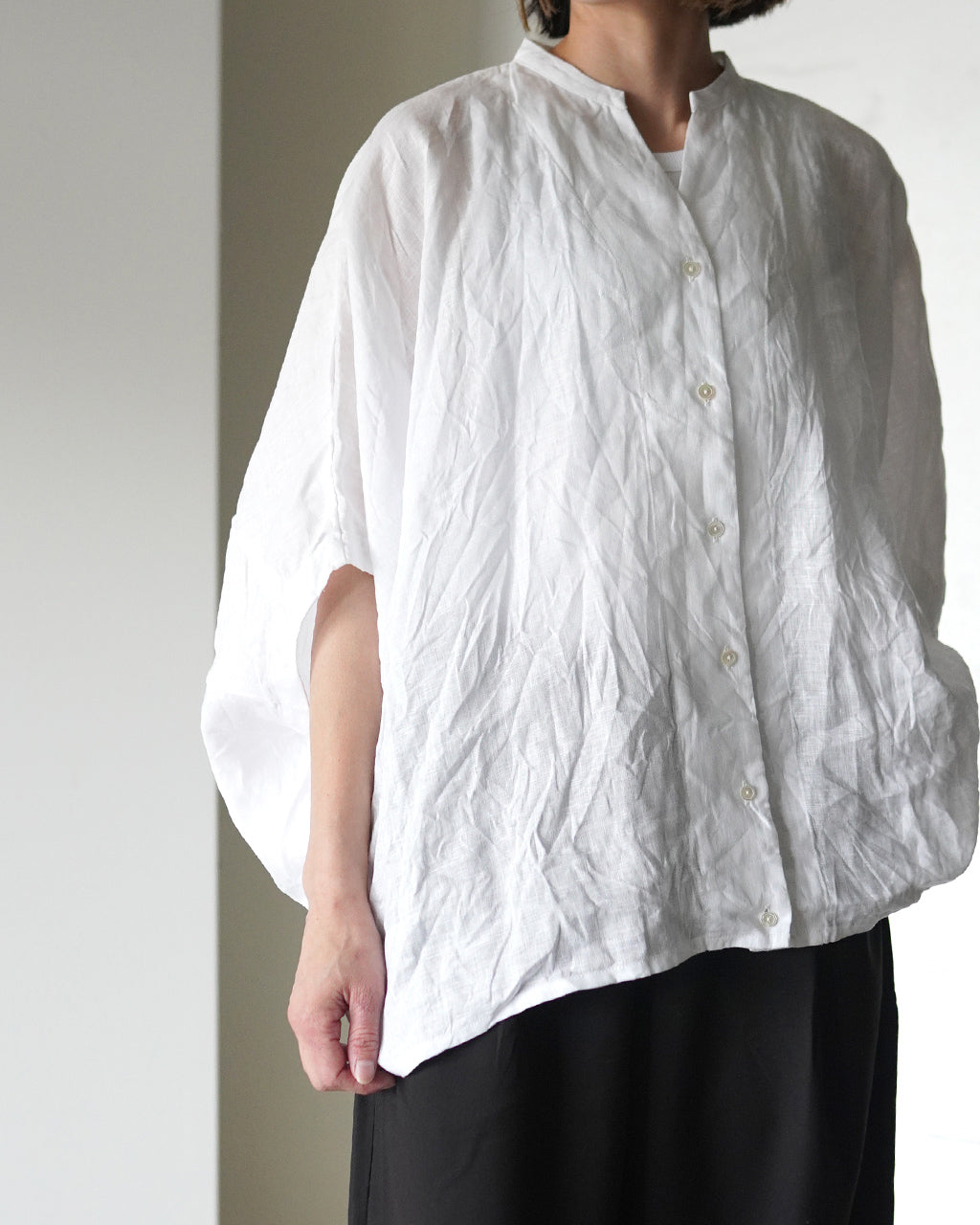 mizuiro ind ミズイロインド linen stand collar cocoon リネンスタンドカラーコクーンシャツ | Crouka(クローカ)