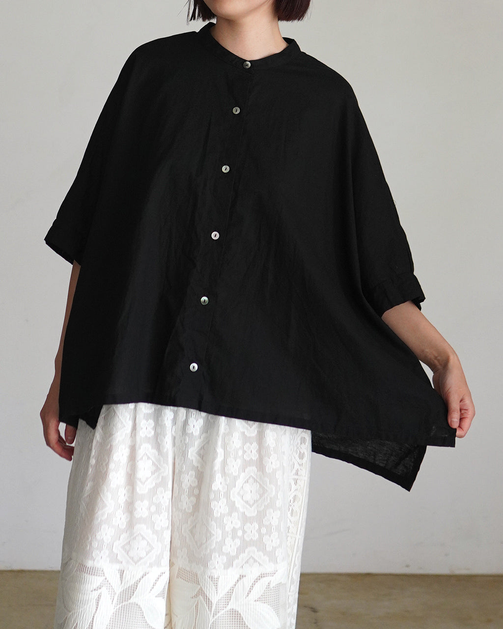 COTTON LINEN STAND COLLAR WIDE SHIRT 2-230149