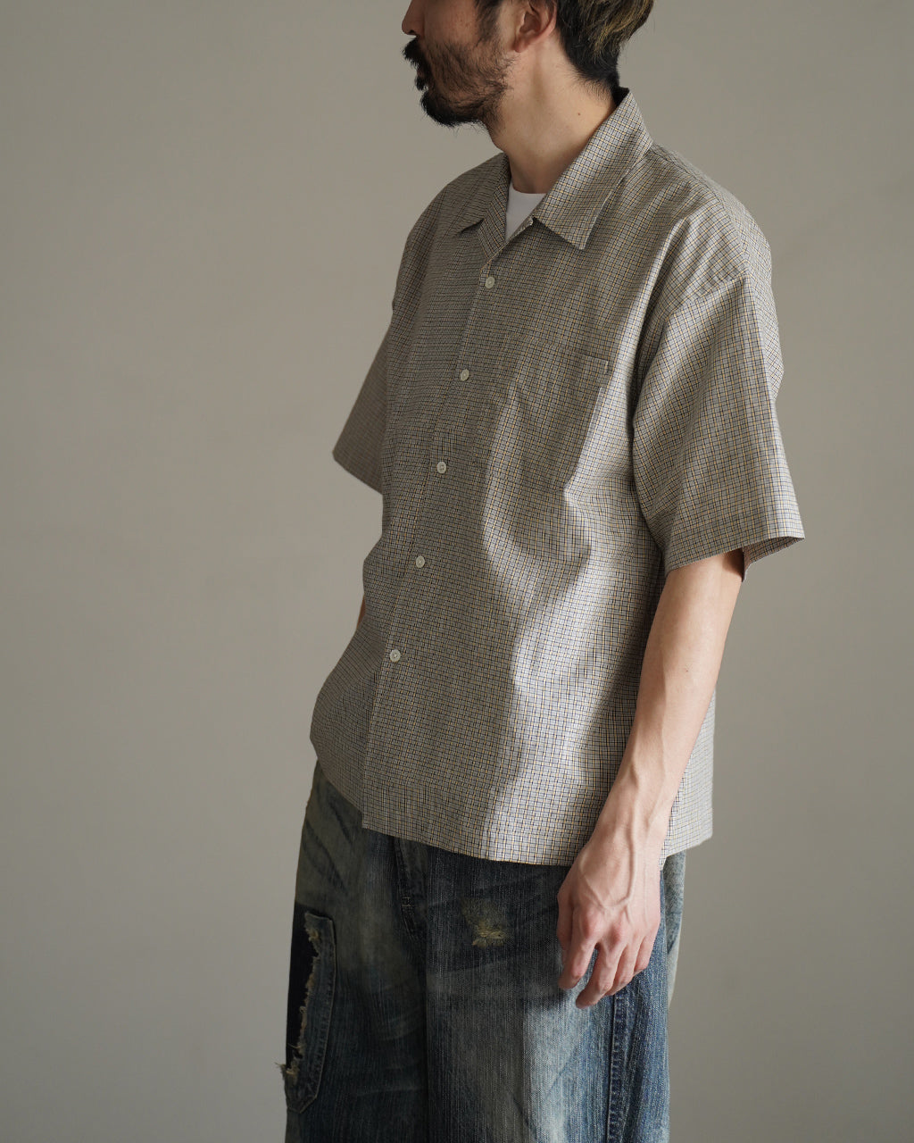 GR7 MIXED POPLIN CHECK S/S OPEN-COLLAR SHIRT M72-781