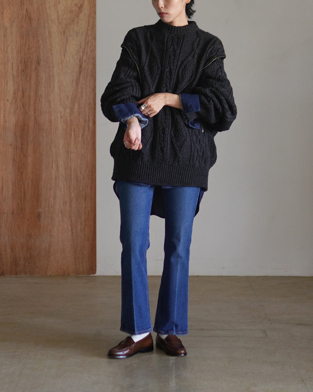 NEPLA. ALAIN ZIP P/O KNIT OK048-5Aライトグレー NEPLA. ネプラ アランニット ジップ プルオーバーニット レディース