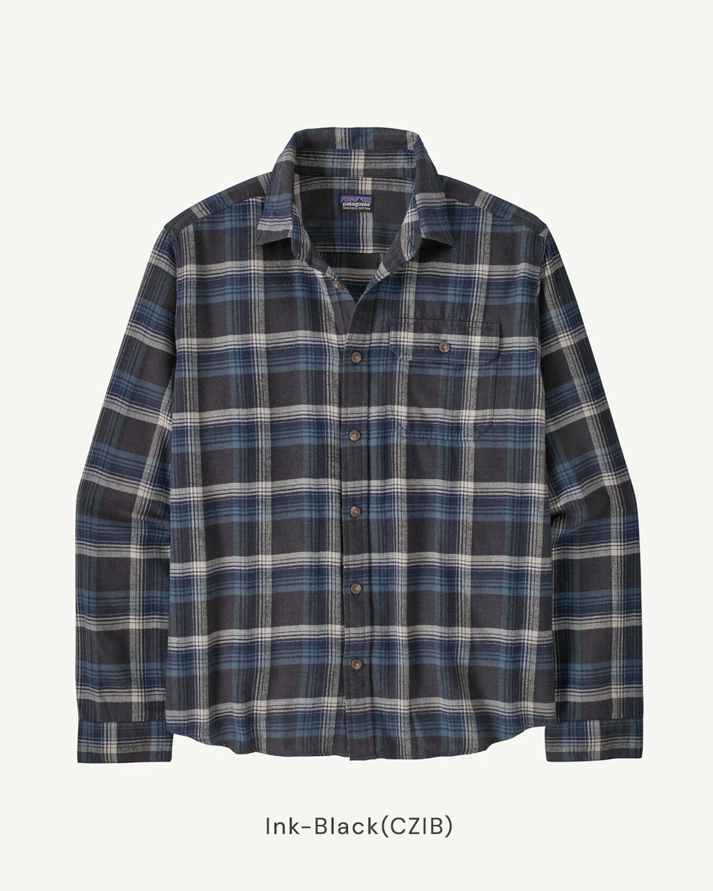 パタゴニアのチェック柄シャツ、前開きボタンと胸ポケットが特徴の長袖フランネル