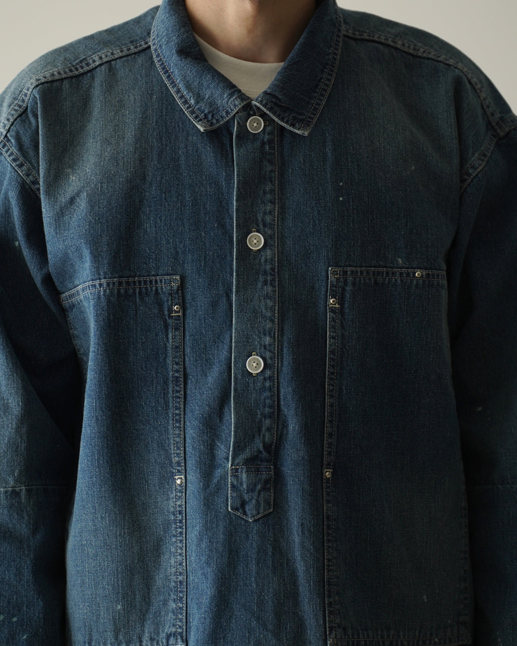 PORTER CLASSIC BREAKFAST DENIM PRISONER SHIRTS W/LOVE&PEACE SILVER CUSTOM PC-005-3849 デニム プルオーバーシャツ｜Crouka(クローカ)