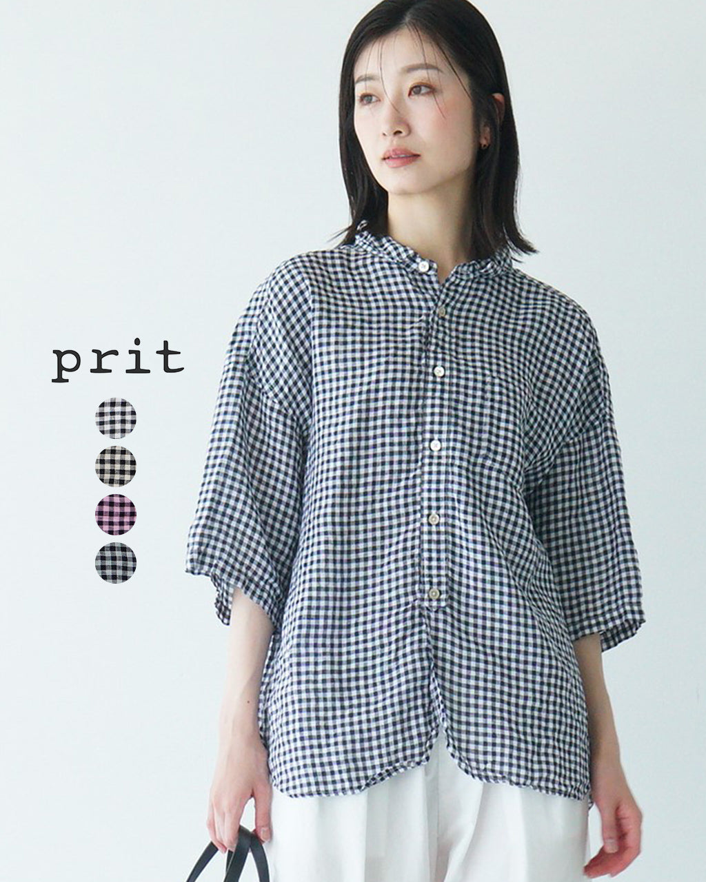 prit プリット 5分袖 レギュラーカラーシャツ 60/1フレンチリネン ギンガムチェック ワイド ドロップショルダー P81549【送料無料】