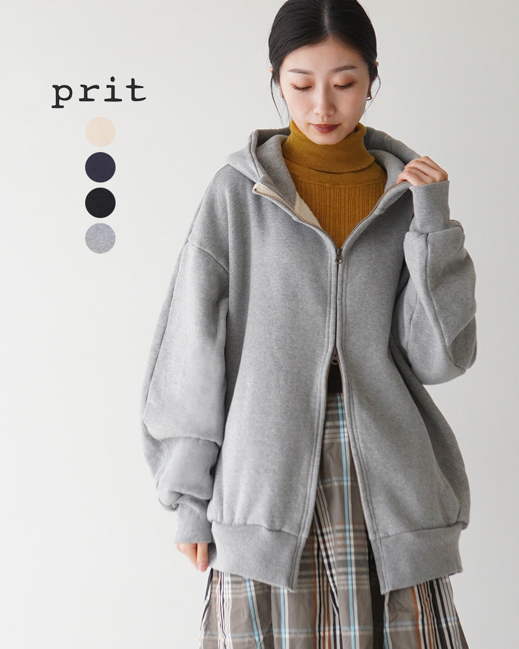 【SALE！30%OFF】prit プリット 30/7 裏毛ナッピング起毛 ハイネックダブルZIPパーカー フーディ P90521【送料無料】