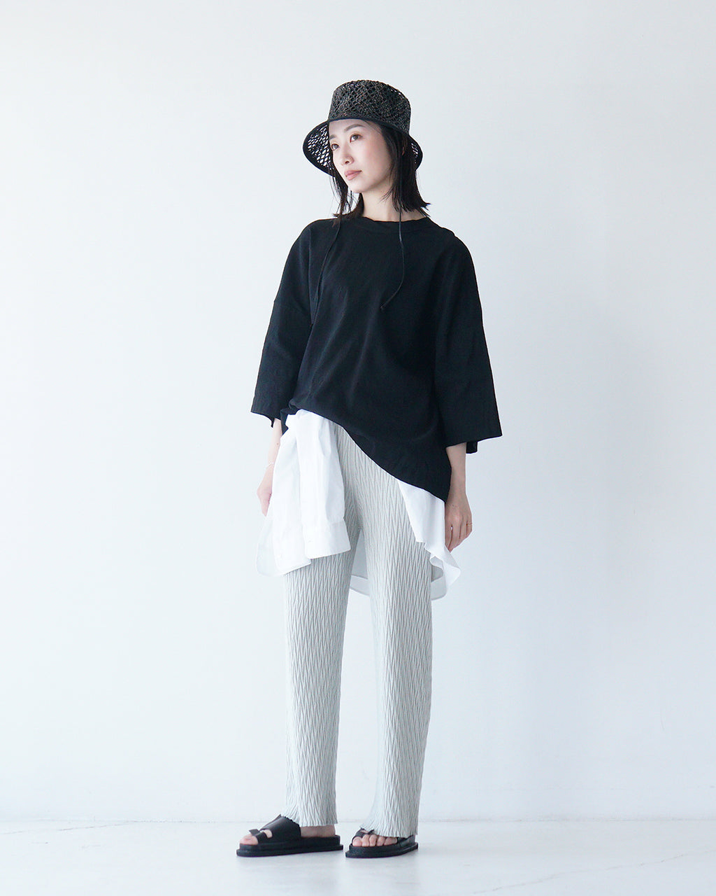 prit プリット 7分袖Tシャツ カットソー リネンレーヨンストレッチ 7分袖裾ヒモプルオーバー P91508【送料無料】