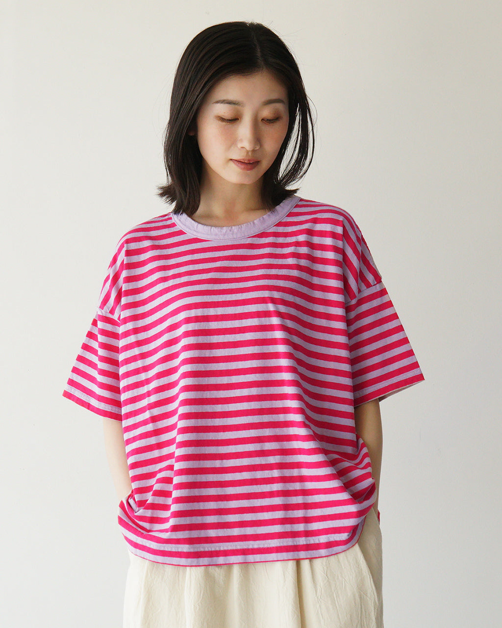 【SALE！20%OFF】prit プリット ボーダーTシャツ 30/1リサイクル天竺カラーボーダー5分袖ワイドTシャツ 半袖 ドロップショルダー  P91530