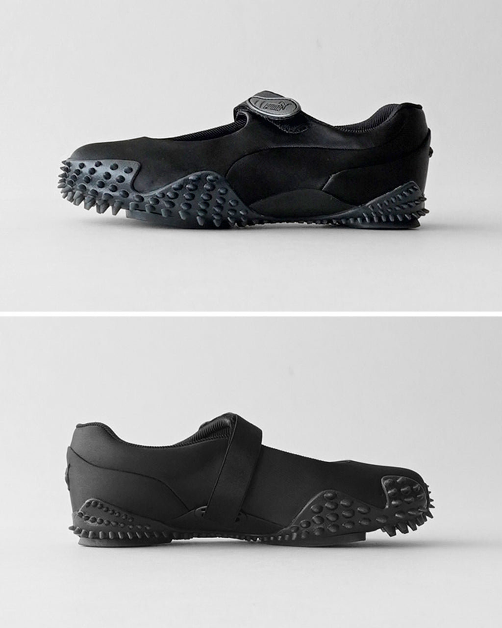 PUMA Mostro Fey Satinの横向きディテール。黒いアッパーとストラップ、厚みのあるスパイクソールが見える