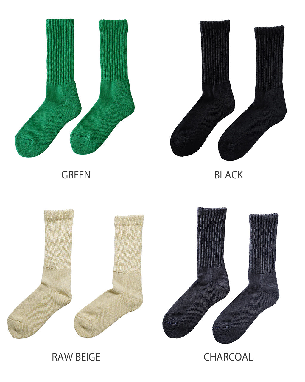 ロトト LOOS E PILE CREW SOCKSのカラー展開を示す、緑と黒、ベージュ系のリブソックスの並び。前面から見える丈感とリブ編みの質感が特徴的です。