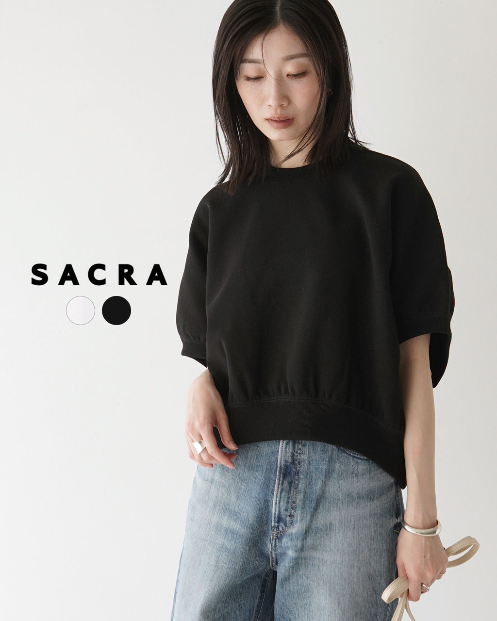 ＼조득 24시간 한정 포인트 10배/SACRA 사쿠라 컷소우 반소매 자르기길이 DOUBLE KNITTED CLOTH TOP 크루넥 개더 슬리브 쇼트길이 125144091【무료우송】 