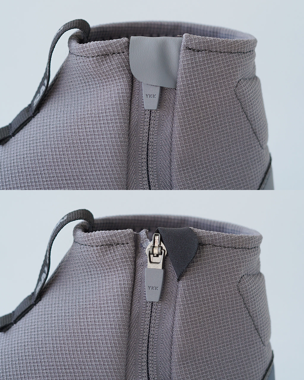 サロモン SNOWCLOG MID の後ろと横を捉えた近接写真。ライトグレーのファブリック素材と背面ジップのスタイルが確認でき、YKKロゴ入りジップパーツが見える。