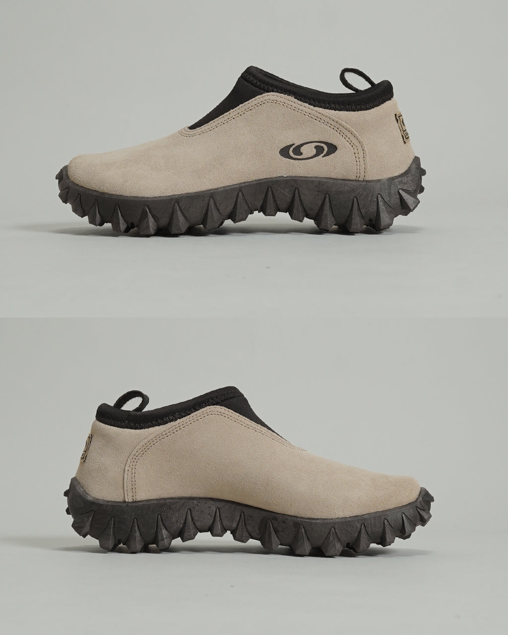 サロモン SNOWCLOG OG のベージュ系アッパーと黒いアウトソールを横から見たスニーカー。凹凸のあるソールとクッション性のあるフォルムが特徴的。