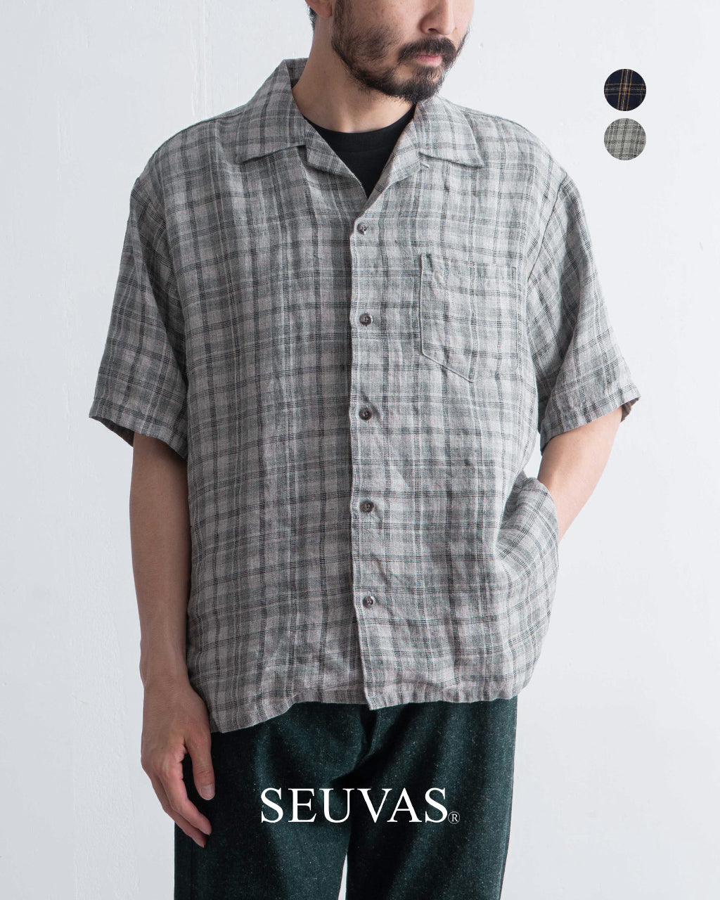 SEUVAS ソウバス リネン オープンカラー 半袖シャツ Linen Open-Necked SS Shirt ドライタッチ チェック SV-SH-014【送料無料】