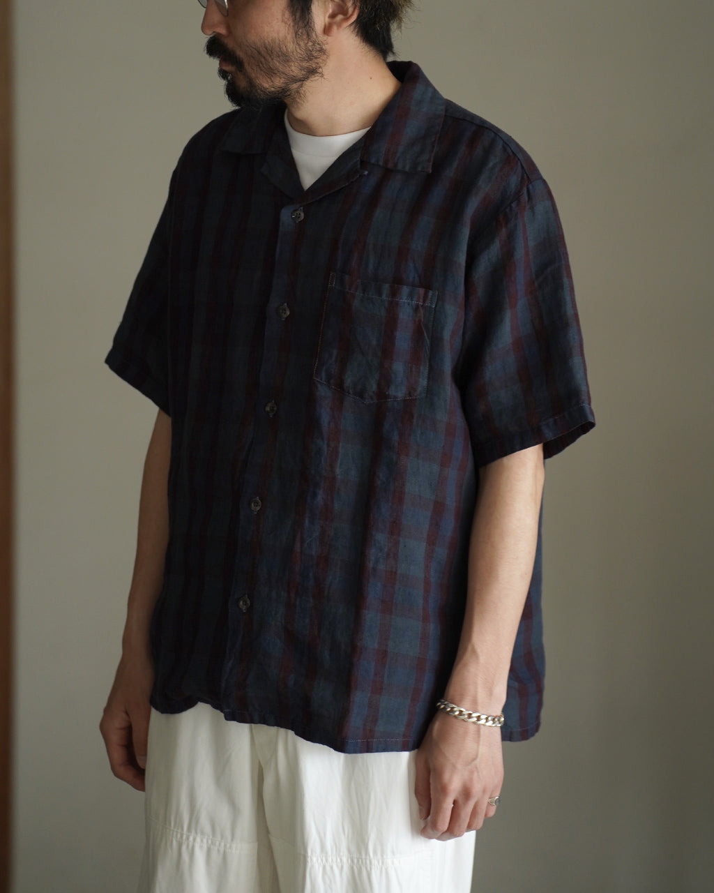 SEUVAS LINEN OPEN COLLAR SHIRT OVER DYED SV-SH-034 リネン チェック オープンカラーシャツ 半袖｜Crouka(クローカ)