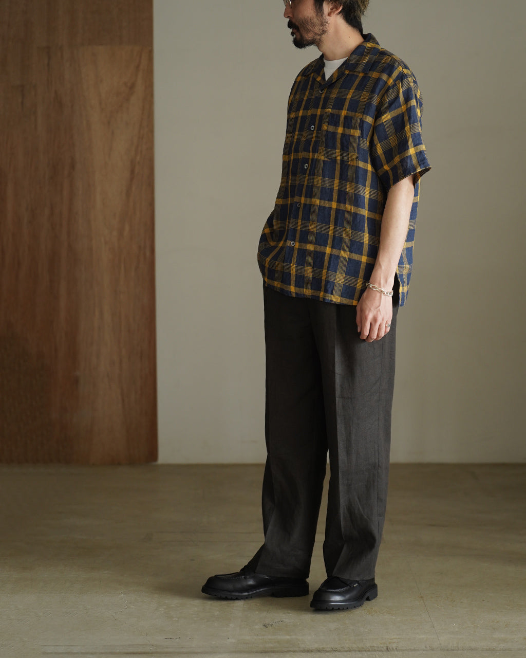 SEUVAS LINEN OPEN COLLAR SHIRT SV-SH-032 リネン チェック オープンカラーシャツ 半袖 ネイビー｜Crouka(クローカ)