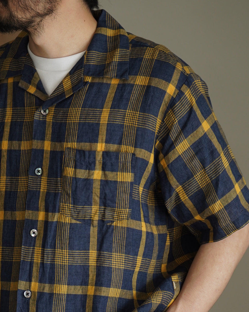 SEUVAS LINEN OPEN COLLAR SHIRT SV-SH-032 リネン チェック オープンカラーシャツ 半袖 ネイビー｜Crouka(クローカ)