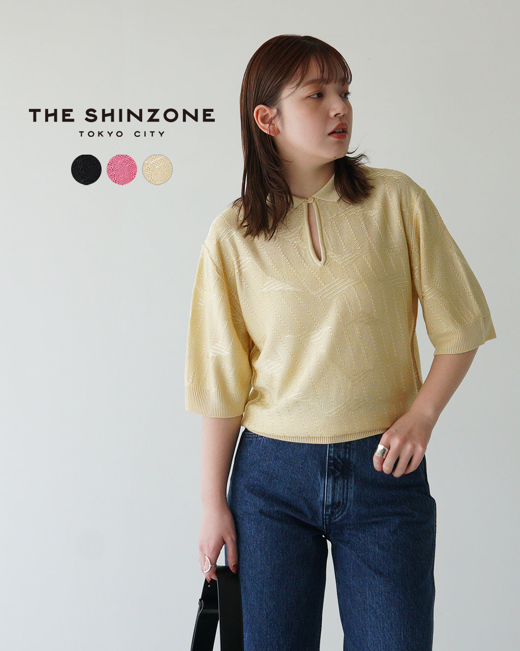 THE SHINZONE シンゾーン 襟付きニット BRIGHT LACE KNIT POLO ブライト レース ニットポロ フレンチヴィンテージ 光沢レーヨン ガラ編み 涙あきデザイン 25SMSNI05【送料無料】