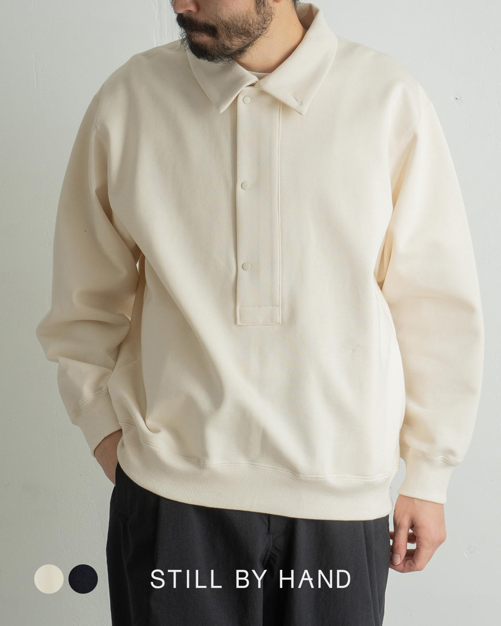 STILL BY HAND Still by Hand Collared Pullover Sweatshirt with Buttons Stand Collar Cut and Sewn CS01244 [Free Shipping] 