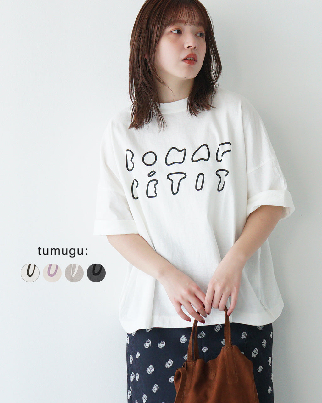 ＼早得24時間限定ポイント10倍／tumugu ツムグ 【Crouka別注】ラフィ天竺 プリントTシャツ ロゴT 半袖 ドロップショルダー TC25104-C