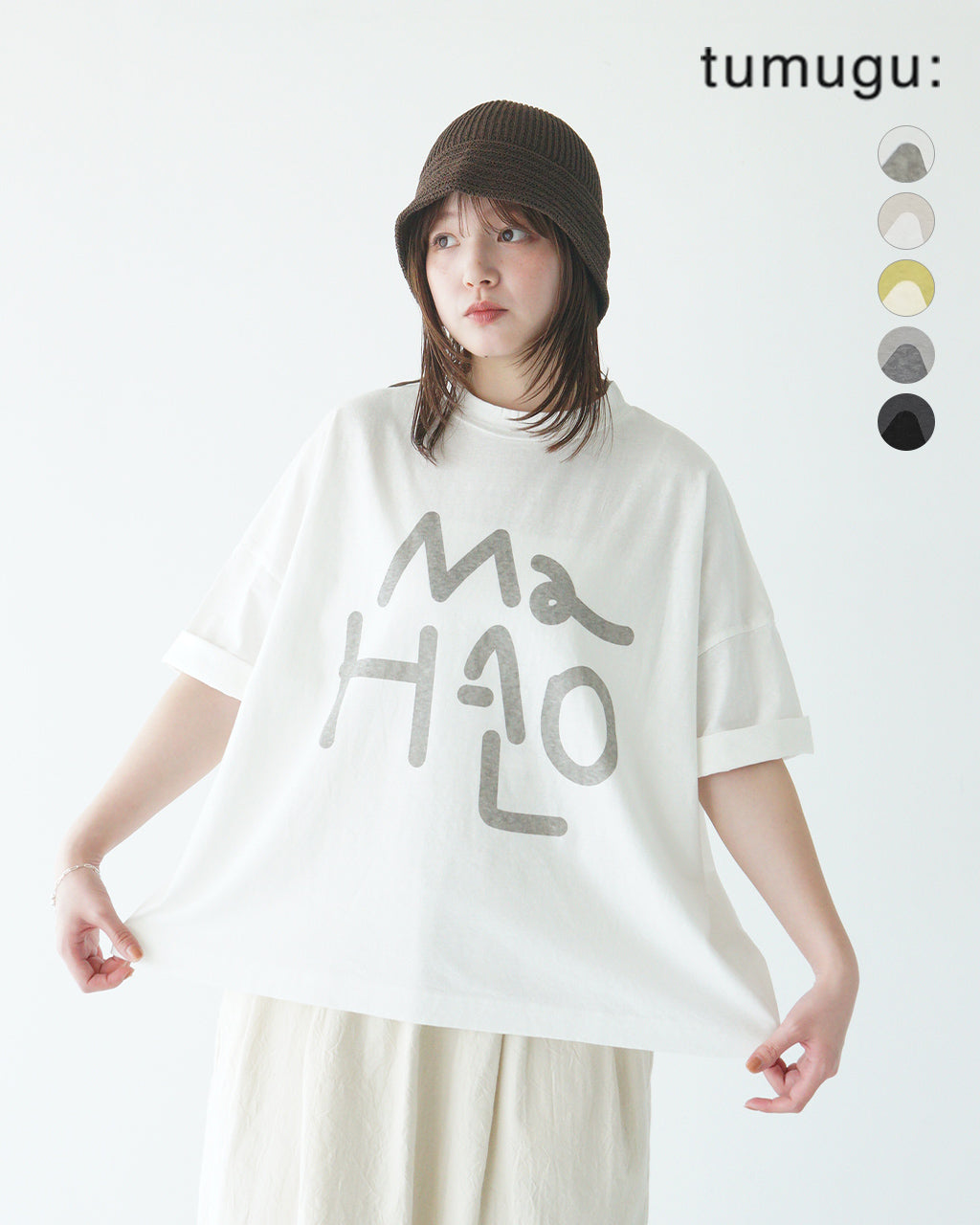 tumugu ツムグ ラフィ天竺 プリントTシャツ (MaHaLo) ロゴT 半袖 ドロップショルダー TC25104