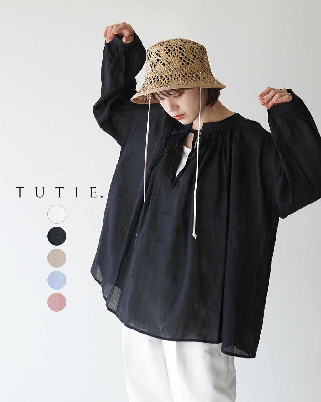＼早得24時間限定ポイント10倍／TUTIE. ツチエ ラミーツイル 2WAY ギャザーブラウス 麻 リネン 長袖 リボン 0699TO61014G【送料無料】
