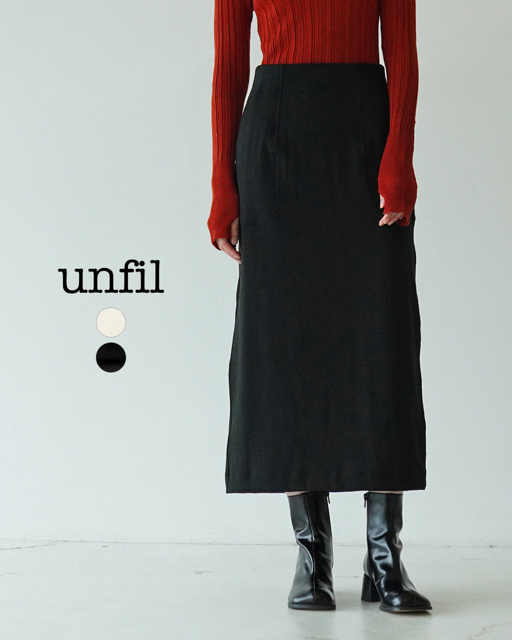 【SALE！20%OFF】unfil アンフィル ペンシルスカート ストレッチ stretch raw silk ribbed-jersey pencil midi skirt WFFL-UW108 【送料無料】