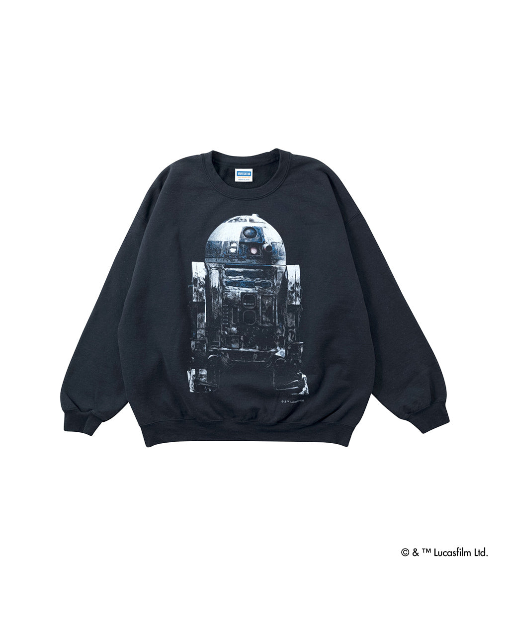 ブラックの裏起毛スウェットにR2-D2のプリントが大きく入ったデザイン。クラックプリント風の加工でヴィンテージ感が表現され、袖口と裾はリブ仕様の定番シルエットです。